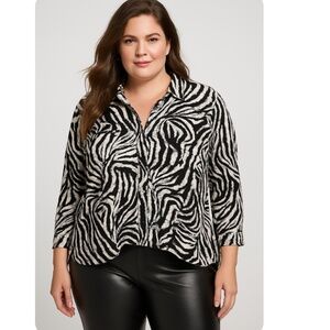 ROCK & REPUBLIC Black White Zebra Print Button Down High Low Shirt Size XL